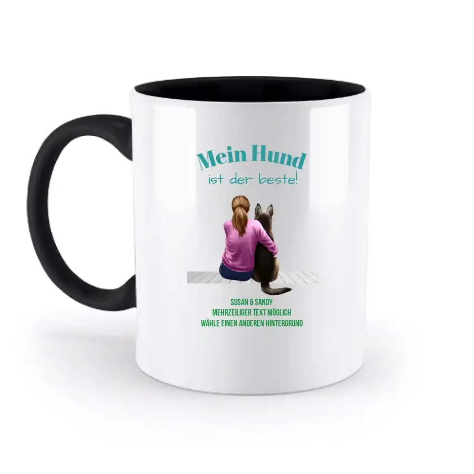 Frau mit Retriever oder Schäferhund, personalisierbar: Zweifarbige Tasse 330ml