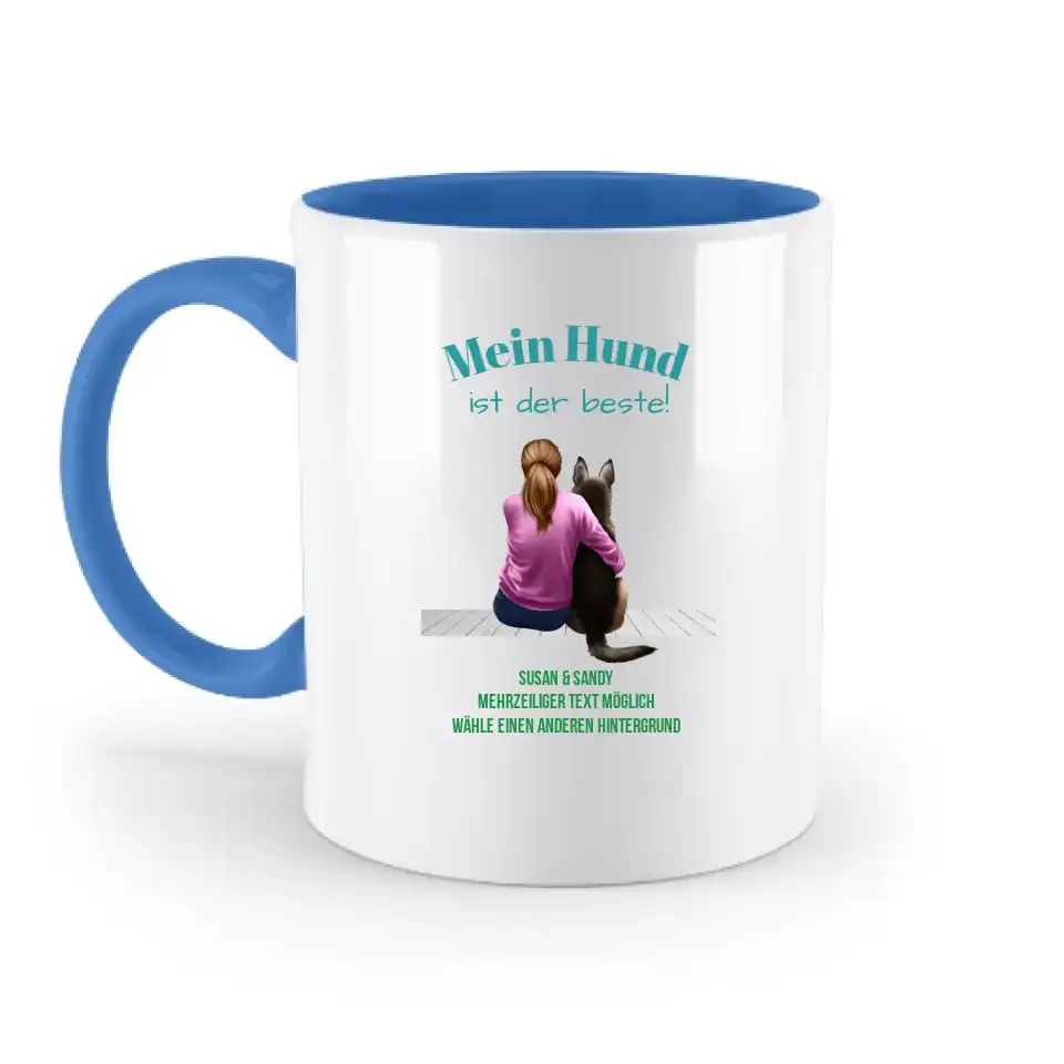 Frau mit Retriever oder Schäferhund, personalisierbar: Zweifarbige Tasse 330ml