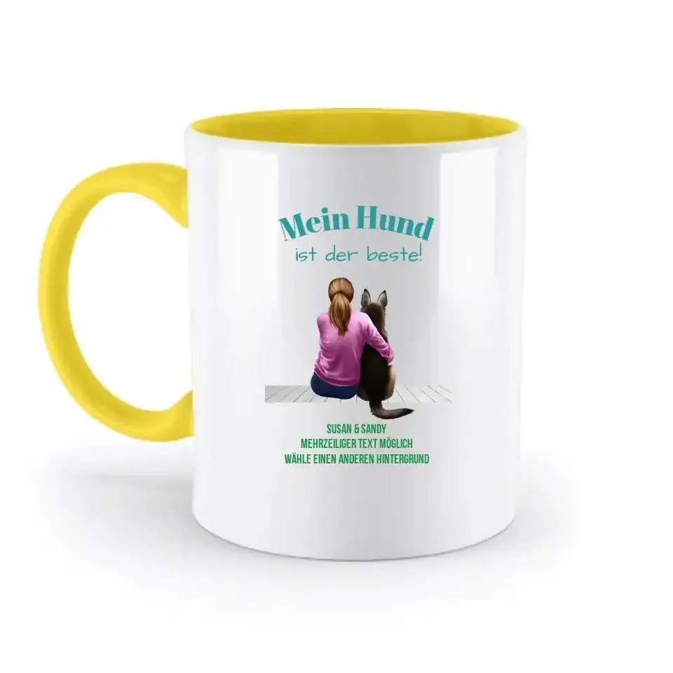Frau mit Retriever oder Schäferhund, personalisierbar: Zweifarbige Tasse 330ml