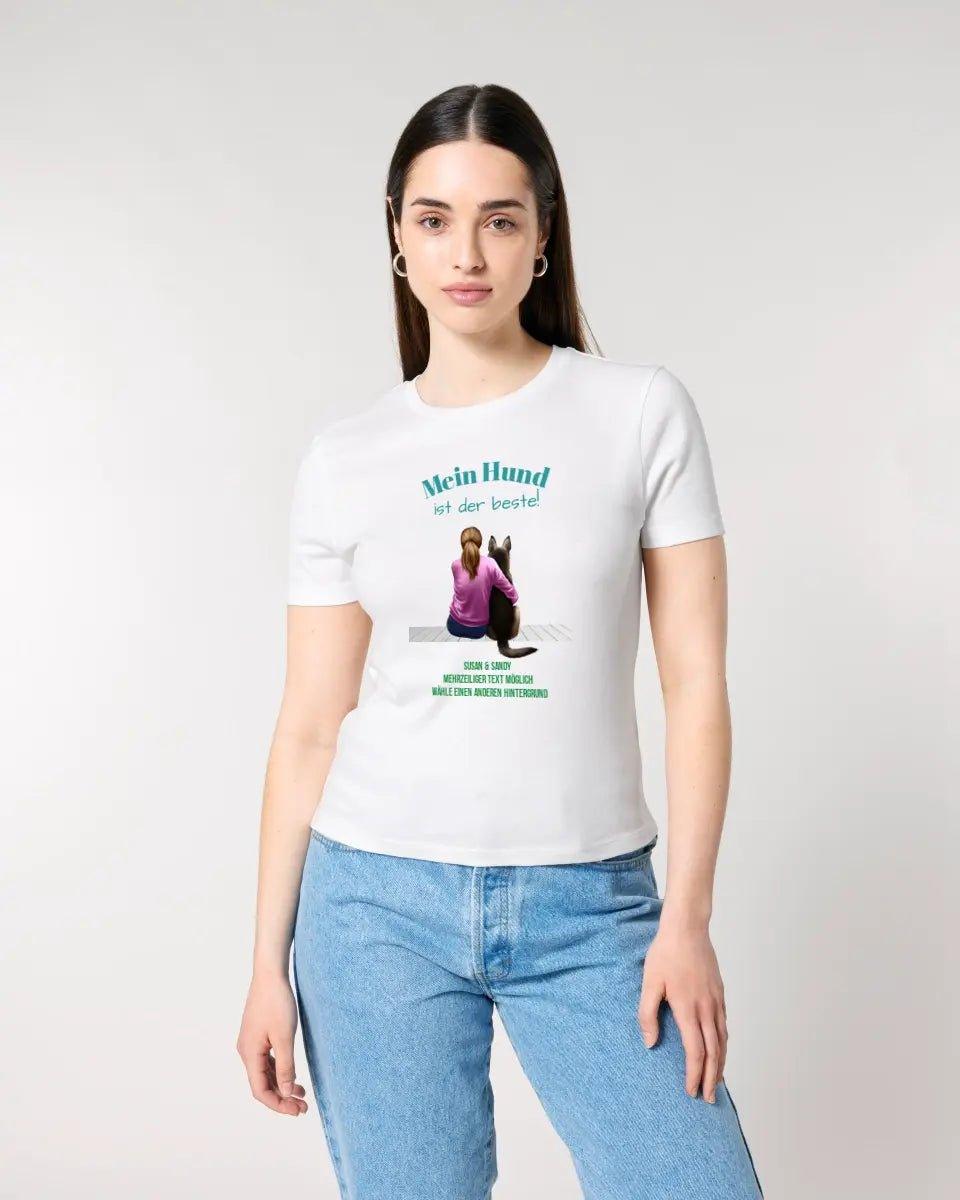 Frau mit Retriever oder Schäferhund, (personalisierbar) - Ladies Premium T - Shirt XS - 2XL aus Bio - Baumwolle für Damen - HalloGeschenk.de #geschenkideen# #personalisiert# #geschenk#