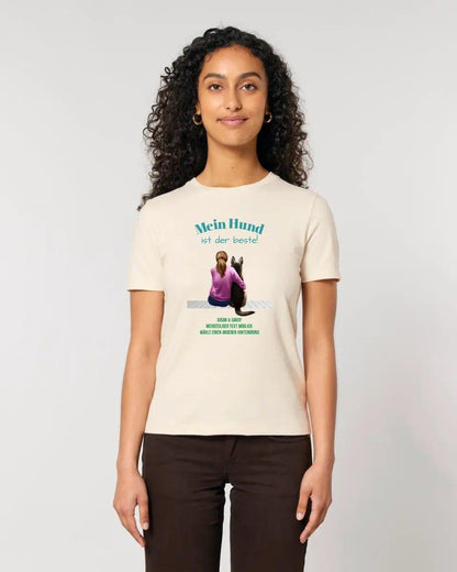 Frau mit Retriever oder Schäferhund, (personalisierbar) - Ladies Premium T - Shirt XS - 2XL aus Bio - Baumwolle für Damen - HalloGeschenk.de #geschenkideen# #personalisiert# #geschenk#