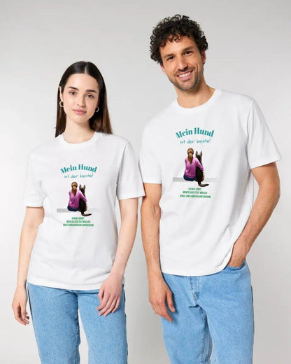 Frau mit Retriever oder Schäferhund, (personalisierbar) - Unisex Premium T - Shirt XS - 5XL aus Bio - Baumwolle für Damen & Herren - HalloGeschenk.de #geschenkideen# #personalisiert# #geschenk#