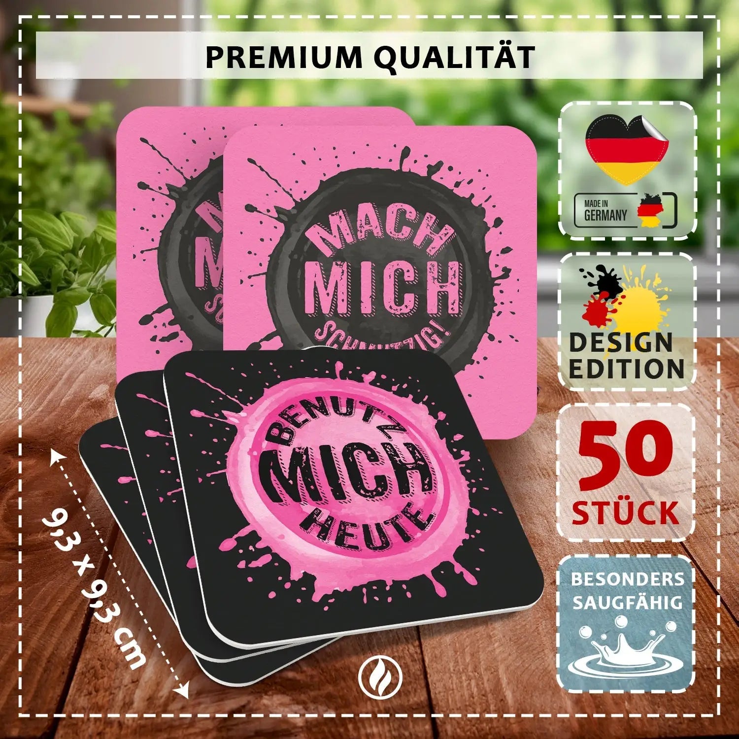 Freche Bierdeckel - 50er Set mit Zweideutigen Sprüchen ’Mach mich schmutzig’ & ’Benutz heute’