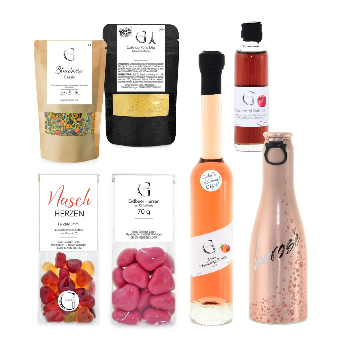 Rosefarbene glasflasche mit schwarzem schraubverschluss und matter rose beschriftung aus dem freundinnen abend geschenkset