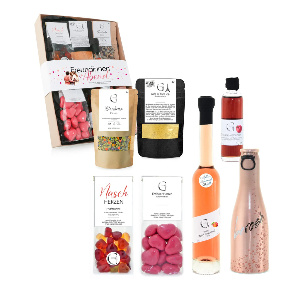 Eine roségoldene champagnerflasche mit modernem design und funkelnden goldfolienakzenten im freundinnen abend geschenkset