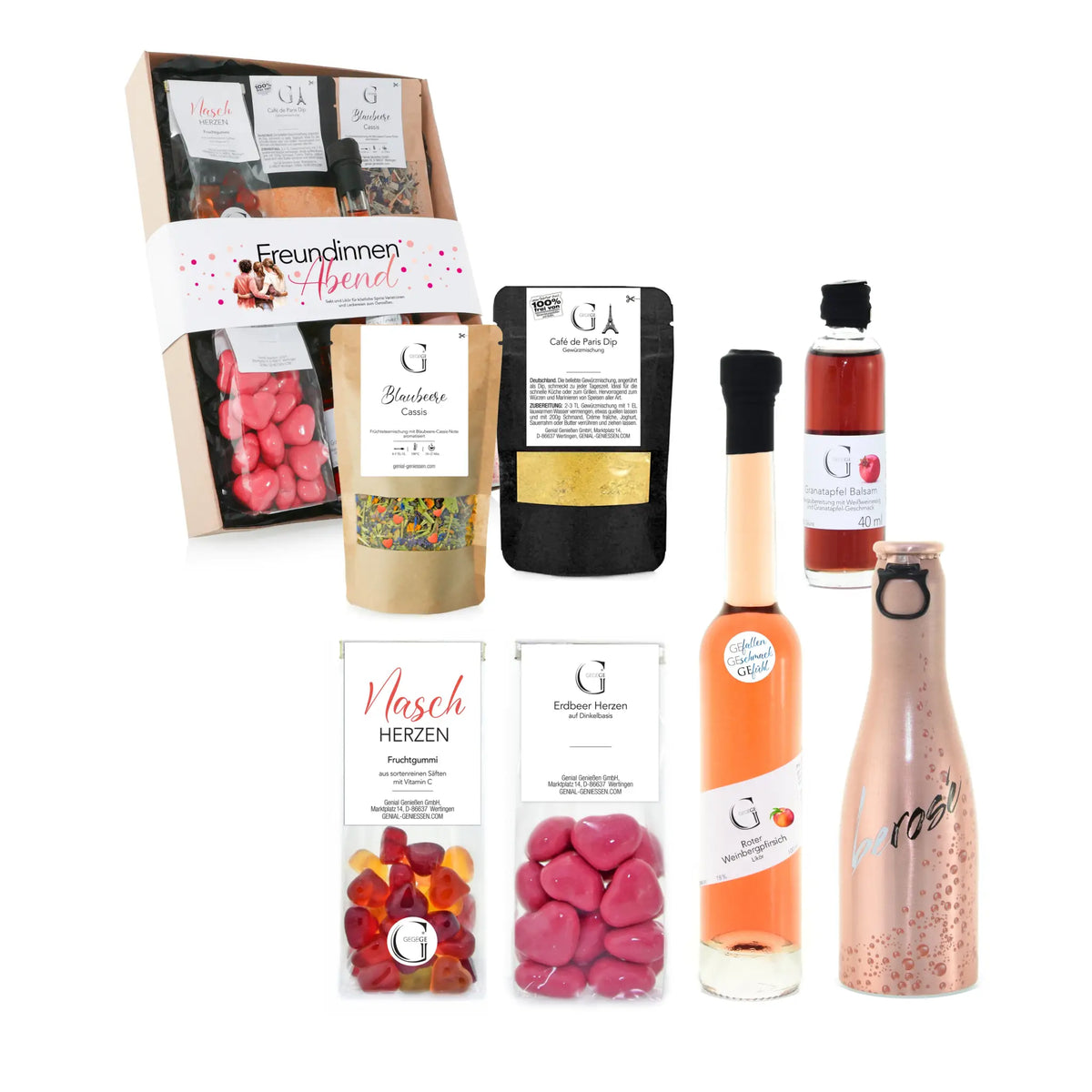 Eine roségoldene champagnerflasche mit modernem design und funkelnden goldfolienakzenten im freundinnen abend geschenkset