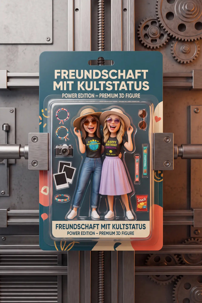 Premium-3D-Figurenset mit zwei Cartoon-förmigen Freunden in lässiger Kleidung, einer mit einem schwarzen T-Shirt mit „happy birthday“ und der andere mit einem rosa Rock, beide mit Accessoires wie Hüten und Sonnenbrillen, außerdem mit Gegenständen wie Kameras und Snacks.