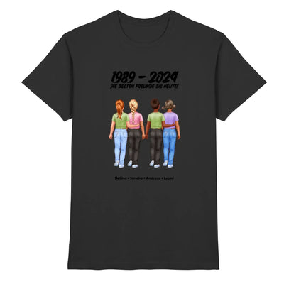 Schwarzes baumwollshirt mit grafik von vier frauen die hände halten und text 1989 bis 2024 die besten freunde bis heute