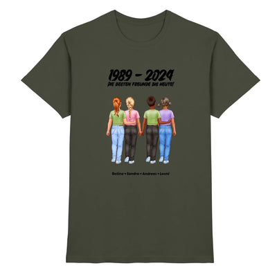 Olivegrünes baumwollshirt mit grafik von vier frauen und text 1989 bis 2024 beste freunde mit wunschtext und namen