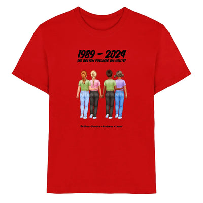Rotes baumwoll t-shirt mit grafik von vier freunden und text 1989–2024 und die besten freunde bis heute personalisiert