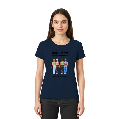 Navyblaue damen t shirt mit grafik von vier mädchen die händchen halten und text 1989 - 2024 friendship kollektion