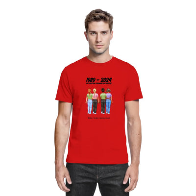 Rotes baumwollshirt mit vier bunten freundinnen und text 1989 – 2024 die besten freunde im welt aus der statement-collection
