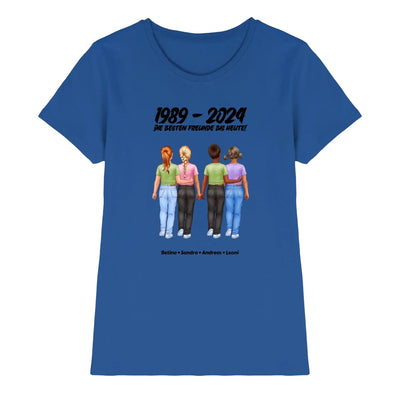 Blaues damen kurzarmshirt mit grafik von vier freunden und text 1989 bis 2024 aus der statement-collection