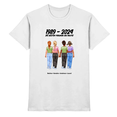 Weißes baumwolltshirt mit bunter illustrationen von vier freunden und persönlichem wunschtext aus der statement collection