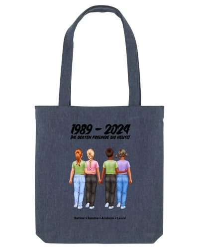 Dunkelgraue canvas-tasche mit gedruckter illustration von vier freunden und datumsangabe 1989 - 2024 personalisiert