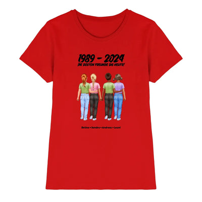 Rote damen t shirt mit grafik vier freunde halten hände text 1989–2024 und namen personalisierte figurien