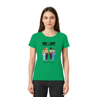 Grünes kurzarmshirt mit grafikdruck von vier frauen und text 1989 - 2024 aus der freundschaft statement-collection
