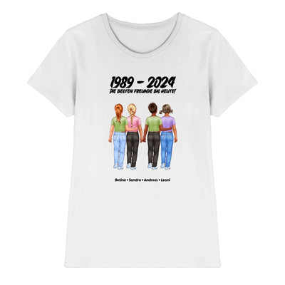 Weiße baumwoll t-shirt mit personalisierten freundschaftsfiguren und text 1989 bis 2024 beste freunde bis heute