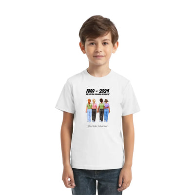 Weißes baumwollshirt mit buntem grafikdruck vier kinder und text 1989 - 2024 beste freunde die welt personalisiert