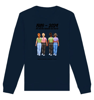 Navyblaues langarmshirt mit grafik von vier mädchen die hände halten und text 1989 bis 2024 aus der statement collection