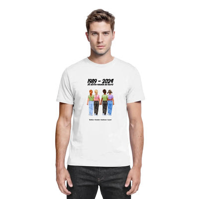 Weiße baumwoll t shirt mit buntem grafikdruck von vier frauen und text 1989 2024 die besten freunde die heute