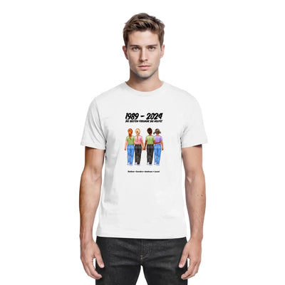 Weißer baumwoll-t-shirt mit bunter grafik von vier frauen und text 1989 - 2024 beste freunde bis heute personalisiert