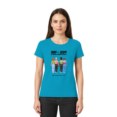 Tealfarbenes kurzarmshirt mit vier personalisierten freundschaftsfiguren und text 1989 - 2024 die besten freunde im leben