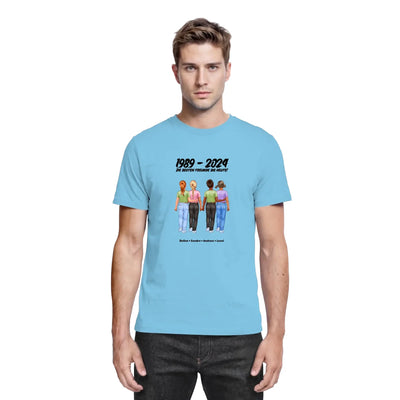 Hellblaues baumwollshirt mit grafik von vier frauen und text 1989 bis 2024 sowie die besten freunde die heute personalisiert