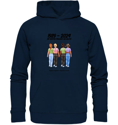 Marine blauer hoodie mit grafikdruck von vier mädchen die hände halten text 1989 - 2024 und die besten freunde die heute