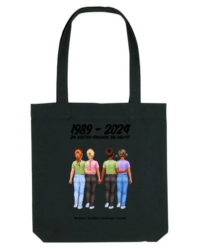 Schwarze canvas-tasche mit print von vier frauen die hände halten und text 1989 - 2024 personalisierbar