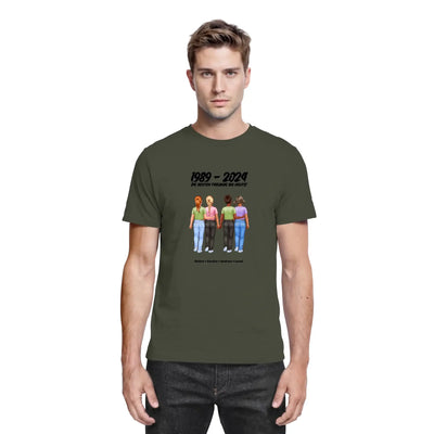 Olivegrünes baumwollshirt mit grafik von vier frauen und text 1989 – 2024 die besten freunde der welt aus statement collection
