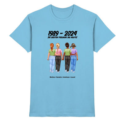 Hellblaues Baumwollshirt mit grafik von vier freunden und personalisierten namen aus der freundschaft statement-collection