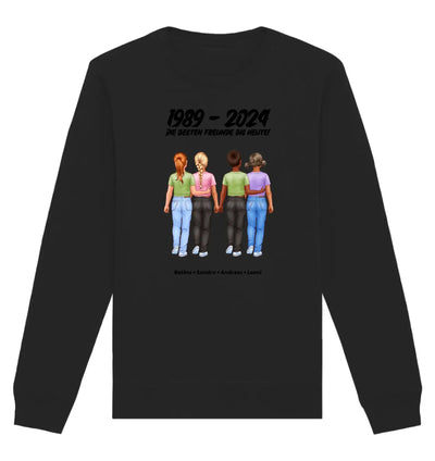 Schwarzes langarmshirt mit grafik von vier frauen die hände halten und text 1989 bis 2024 im freundschaft-design