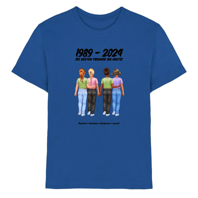 Royal blaue Baumwollt Shirt mit vier Freunden und Text 1989 2024 die besten freunde bis heute personalisiert