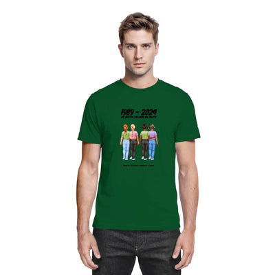 Dunkelgrünes baumwoll t-shirt aus der statement collection mit grafik von vier frauen und wunschtext 1989 - 2024