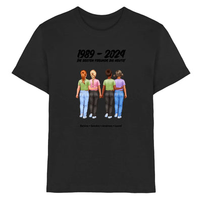 Schwarzes baumwollshirt mit grafik von vier frauen die hände halten jahrzahlen 1989 bis 2024 und namen unten personalisierte figuren