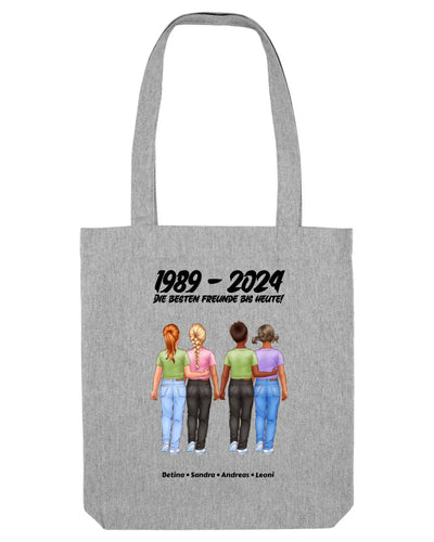 Grauer leinen tote bag mit personalisierter illustration von vier frauen die hände halten mit text und namen darunter