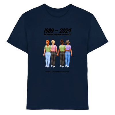 Dunkelblaues baumwollshirt mit grafik von vier frauen die hände halten und text 1989 - 2024 und die besten freunde sie heute