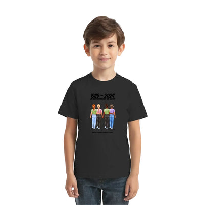 Schwarzes kurzarmshirt mit bunten freundschaftsfiguren und jahreszahl 1989 - 2024 aus der statement-collection