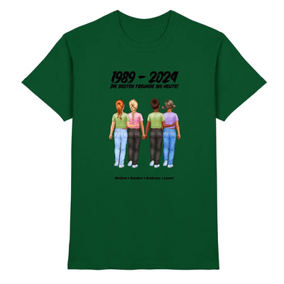 Dunkelgrünes baumwollshirt mit grafik von vier frauen die hände halten und text 1989 - 2024 die besten freunde bis heute