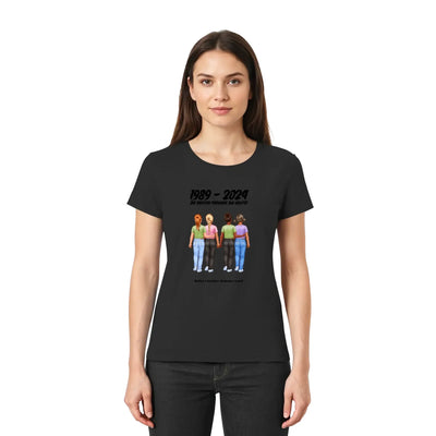 Schwarzes kurzarmshirt mit grafik von vier frauen die hände halten und text 1989 2024 aus der freundschaft statement collection