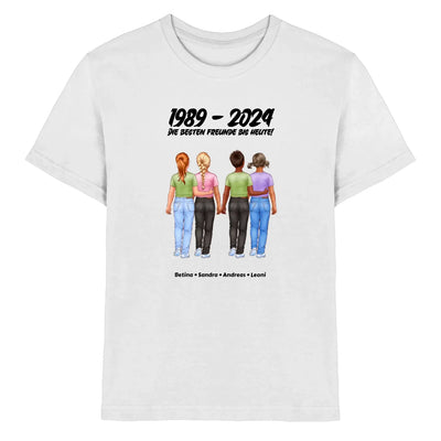 Weißer baumwoll t-shirt mit bunter illustration vier freunde halten hände mit text 1989 - 2024 und namen darunter