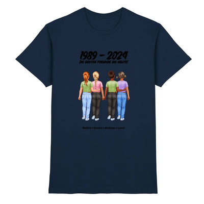 Marine blaue baumwoll t shirt mit grafik von vier frauen die händchen halten und text 1989 bis 2024 namensliste darunter