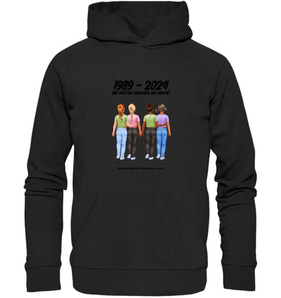 Schwarzer hoodie mit grafik von vier mädchen die hände halten und text 1989 - 2024 beste freunde im leben