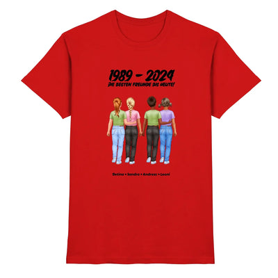 Rotes baumwolltshirt mit grafik von vier frauen die hände halten text 1989 2024 und namen darunter friendship collection