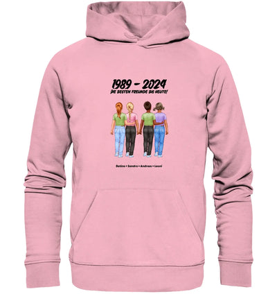 Pink hooded sweatshirt mit grafikprint von vier freunden und text 1989 2024 aus der statement collection