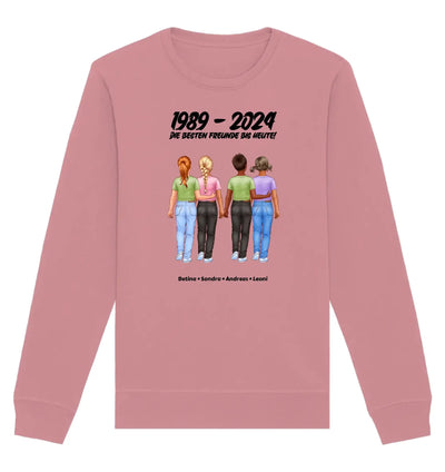 Rosa langärmeliges sweatshirt mit grafik von vier freunden und text 1989 - 2024 die besten freunde bis heute personalisiert