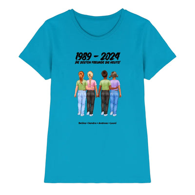 Lebhaft türkisfarbenes damenshirt mit kurzarm zeigt vier freunde und text 1989 bis 2024 aus der statement-collection