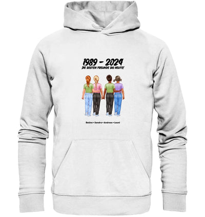 Weißer kapuzenpullover mit persönlicher freundschaftsillustration von vier freunden und namen von 1989 bis 2024