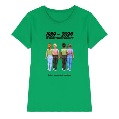 Grünes damen t-shirt mit grafik von vier freunden die hände halten und text 1989–2024 aus der friendship statement collection